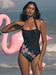 Love & Roses Black Tropical Printed Halter Tummy Control Swimsuit - Image 1 of 4