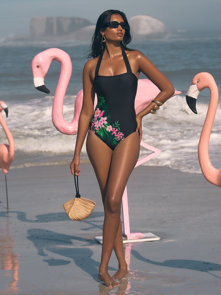 Love & Roses Black Tropical Printed Halter Tummy Control Swimsuit - Image 3 of 4