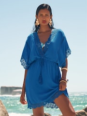 Love & Roses Blue Mini Lace Trim Tassel Tie Detail Kaftan - Image 1 of 5