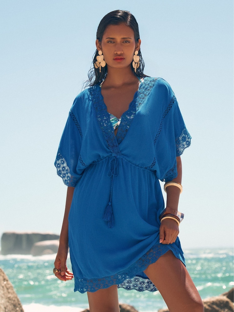 Love & Roses Blue Mini Lace Trim Tassel Tie Detail Kaftan - Image 1 of 5