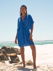 Love & Roses Blue Mini Lace Trim Tassel Tie Detail Kaftan - Image 2 of 5