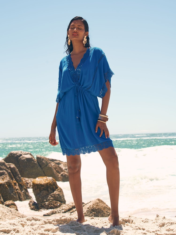 Love & Roses Blue Mini Lace Trim Tassel Tie Detail Kaftan - Image 2 of 5