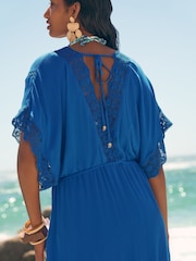 Love & Roses Blue Mini Lace Trim Tassel Tie Detail Kaftan - Image 3 of 5