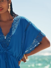 Love & Roses Blue Mini Lace Trim Tassel Tie Detail Kaftan - Image 4 of 5