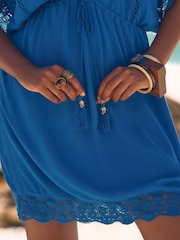 Love & Roses Blue Mini Lace Trim Tassel Tie Detail Kaftan - Image 5 of 5