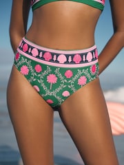 Love & Roses Green Palm Patched Tummy Control High Waisted Bikini Bottoms - Image 1 of 4