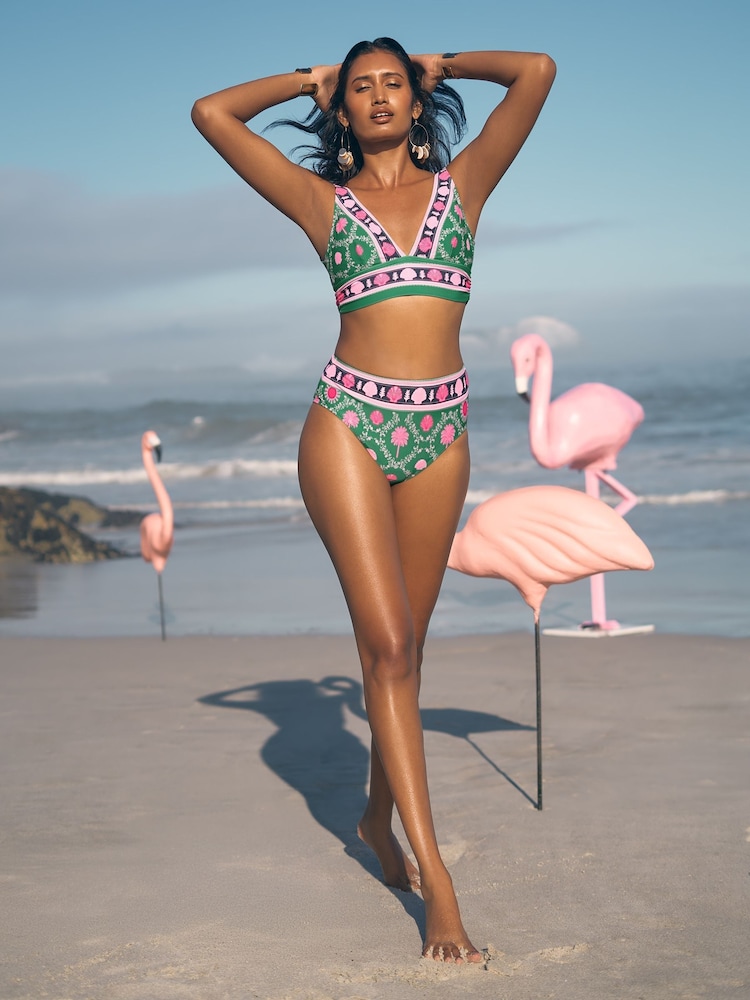 Love & Roses Green Palm Patched Tummy Control High Waisted Bikini Bottoms - Image 4 of 4