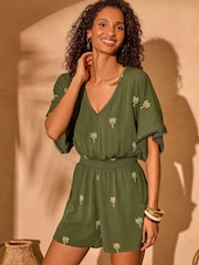 Love & Roses Khaki Green Embellished Palm Tree Beach Playsuit - Image 2 of 4