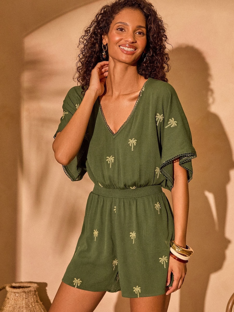 Love & Roses Khaki Green Embellished Palm Tree Beach Playsuit - Image 2 of 4