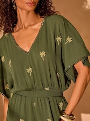 Love & Roses Khaki Green Embellished Palm Tree Beach Playsuit - Image 3 of 4