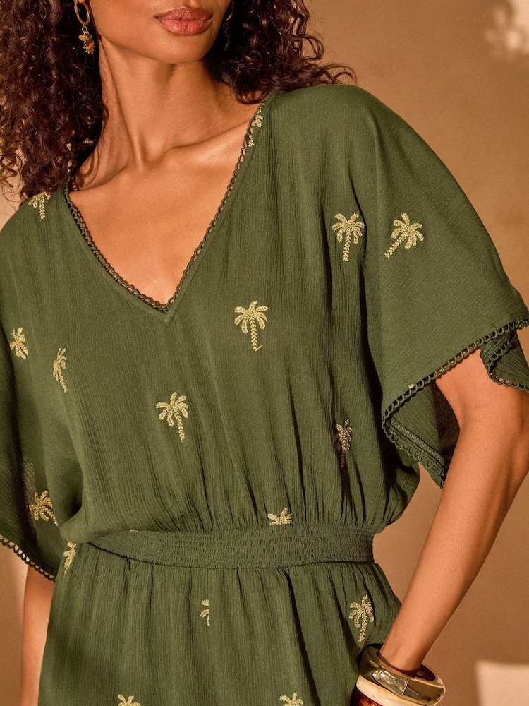 Love & Roses Khaki Green Embellished Palm Tree Beach Playsuit - Image 3 of 4