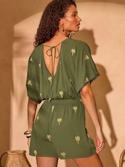 Love & Roses Khaki Green Embellished Palm Tree Beach Playsuit - Image 4 of 4