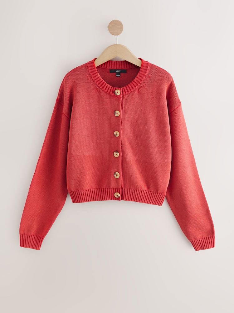 Red 100% Cotton Washed Crew Neck Cardigan - Image 1 of 3