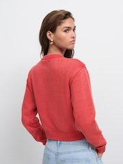 Red 100% Cotton Washed Crew Neck Cardigan - Image 4 of 8