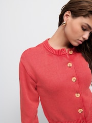 Red 100% Cotton Washed Crew Neck Cardigan - Image 5 of 8