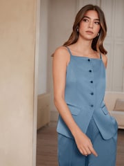 Blue Satin Square Neck Button Through Waistcoat - Image 1 of 4