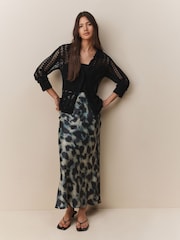 Neutral Smudge Print Satin Midi Skirt - Image 1 of 5