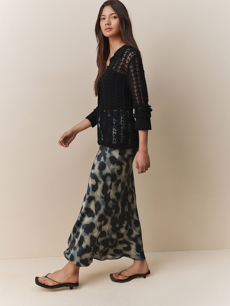 Neutral Smudge Print Satin Midi Skirt - Image 2 of 5