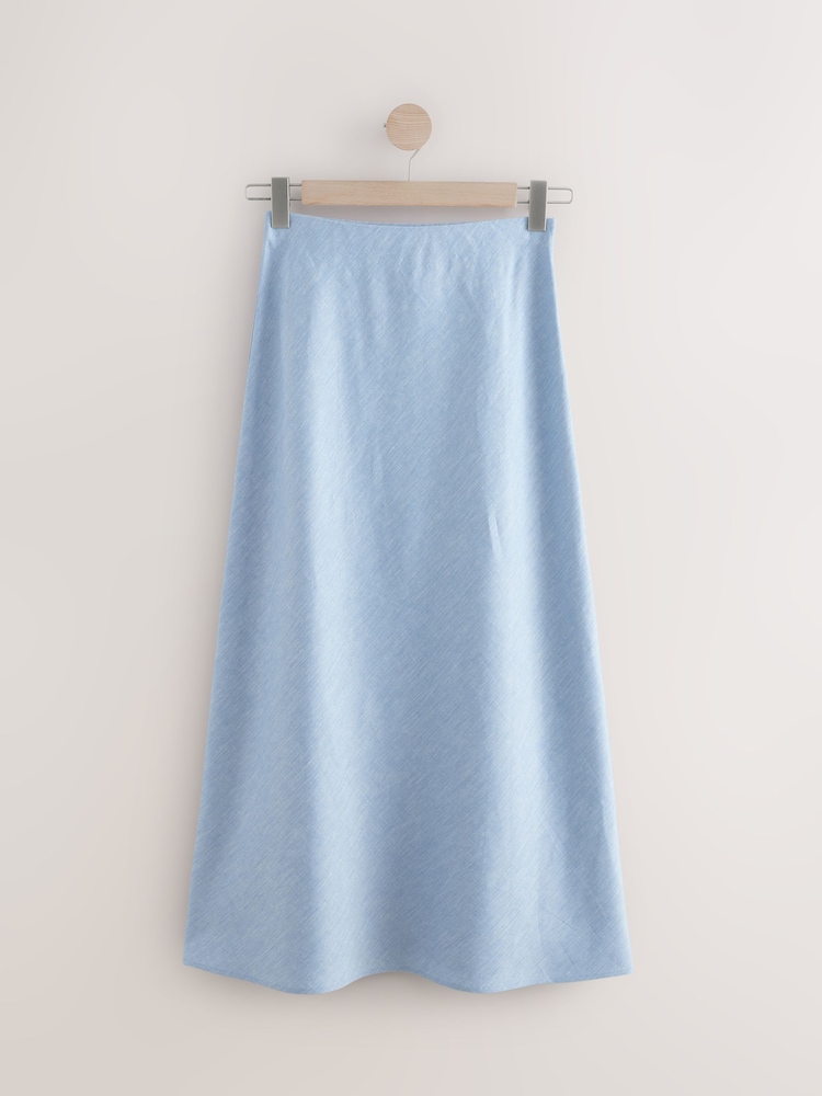 Blue Linen Rich Textured Chambray Midi Skirt - Image 4 of 6