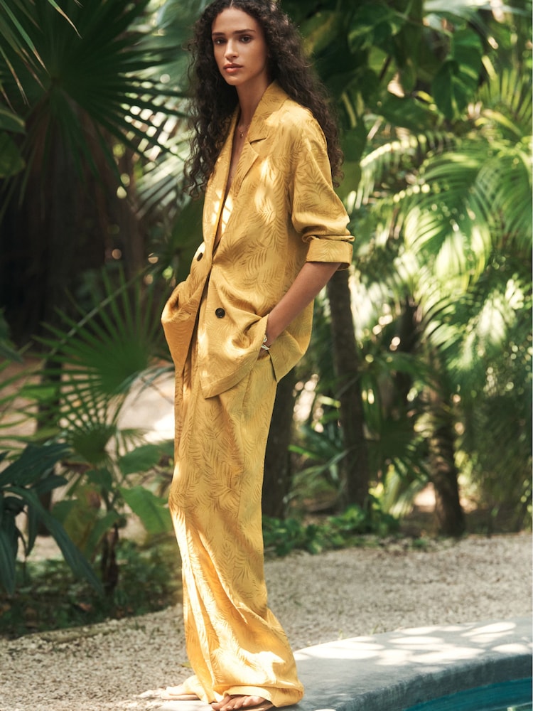 Yellow Satin Jacquard Wide Leg Trousers - Image 1 of 8