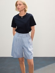 Blue Linen Rich Textured Chambray Shorts - Image 1 of 7
