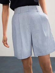 Blue Linen Rich Textured Chambray Shorts - Image 4 of 7