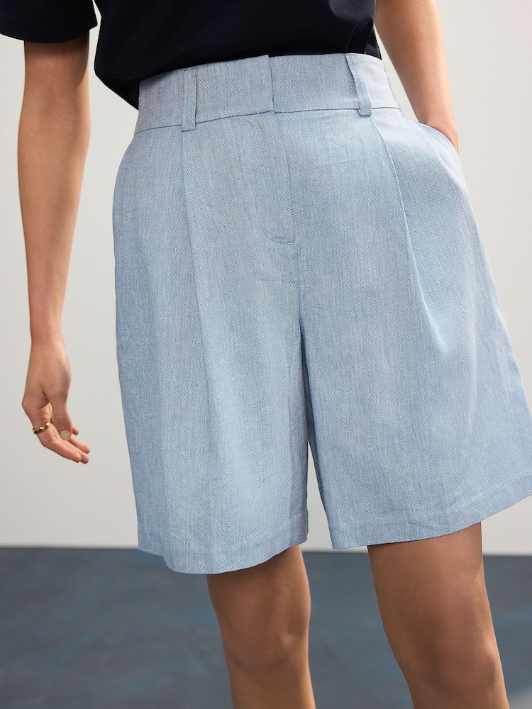 Blue Linen Rich Textured Chambray Shorts - Image 4 of 7