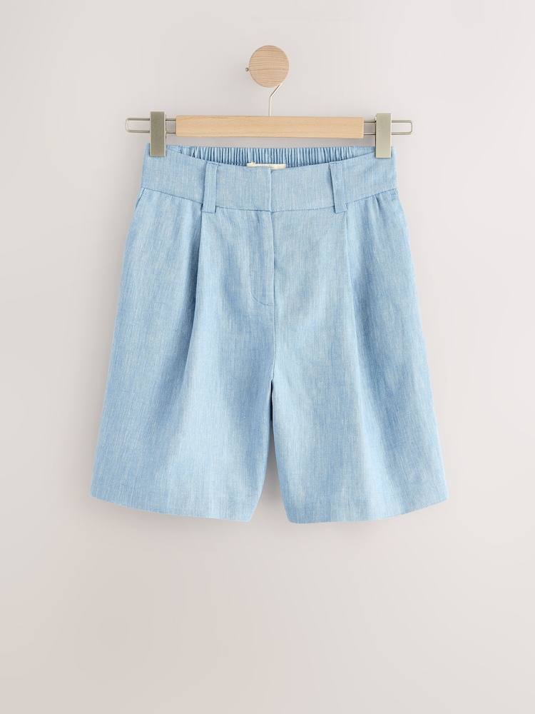 Blue Linen Rich Textured Chambray Shorts - Image 5 of 7