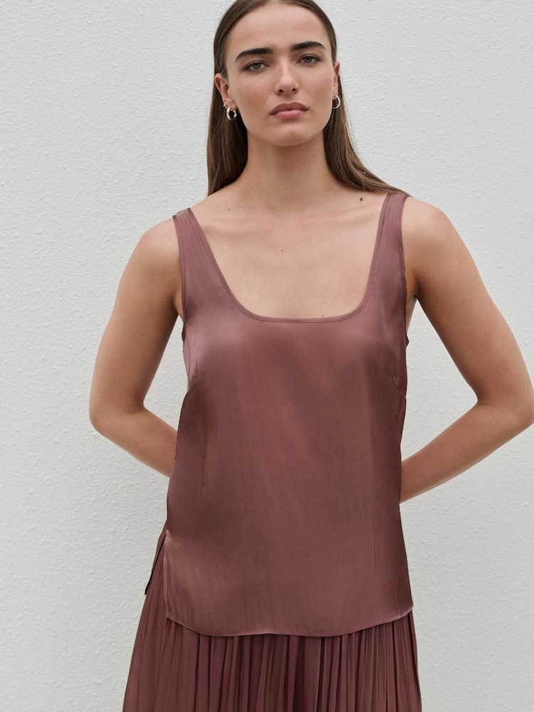 Pink Glossy Satin Metallic Scoop Neck Top - Image 1 of 7