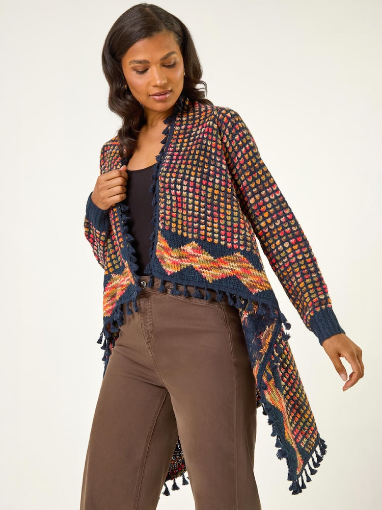 Roman Blue Ombre Tassle Knit Poncho - Image 1 of 4 Roman Blue Ombre Tassle Knit Poncho - Image 1 of 4