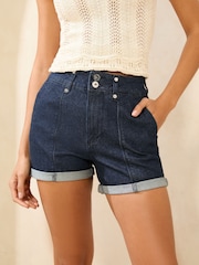 Lipsy Dark Wash Blue Denim Double Button Turn Up Shorts - Image 2 of 4