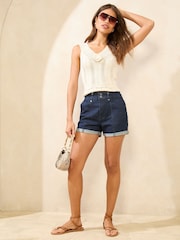 Lipsy Dark Wash Blue Denim Double Button Turn Up Shorts - Image 3 of 4
