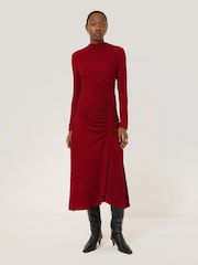 Jigsaw Red Crinkle Ruched Jersey Dress - Image 1 of 7