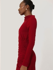 Jigsaw Red Crinkle Ruched Jersey Dress - Image 2 of 7