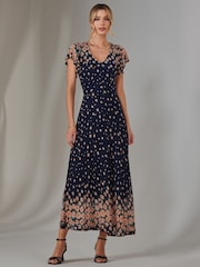 Jolie Moi Blue Gina Mirrored Print Mesh Maxi Dress - Image 1 of 7