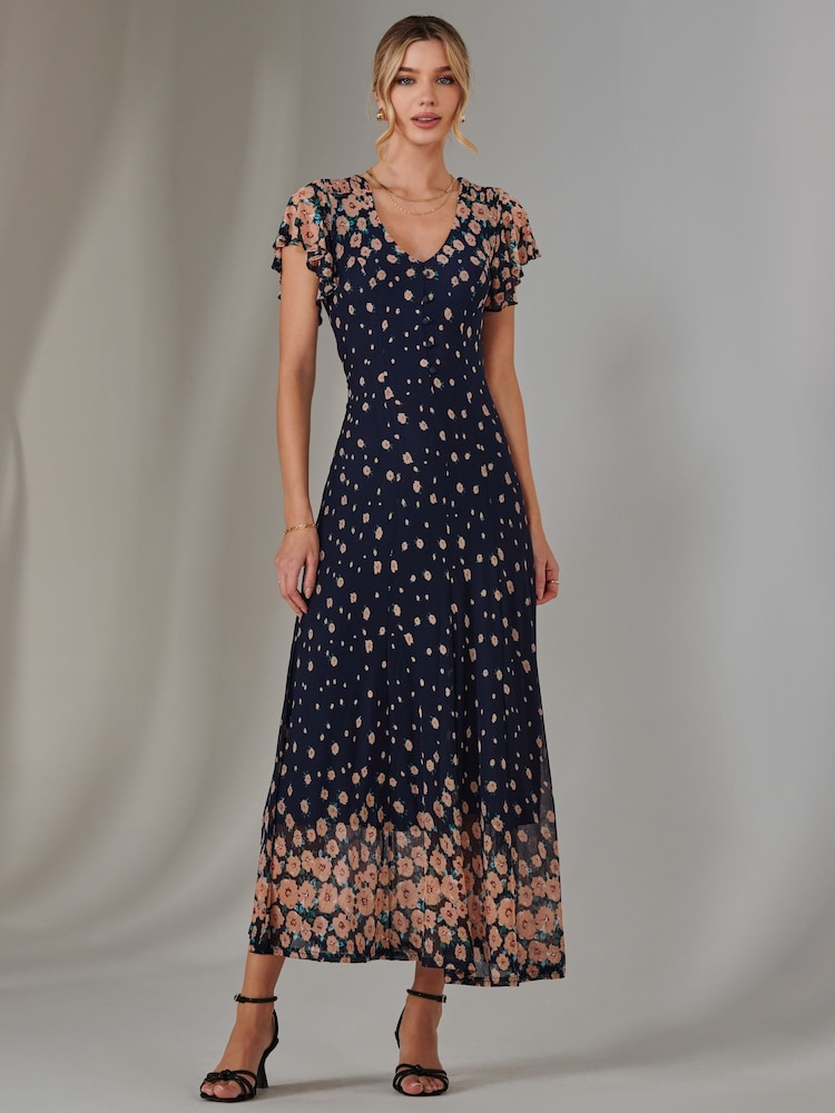 Jolie Moi Blue Gina Mirrored Print Mesh Maxi Dress - Image 1 of 7