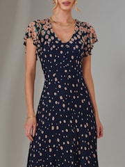 Jolie Moi Blue Gina Mirrored Print Mesh Maxi Dress - Image 6 of 7