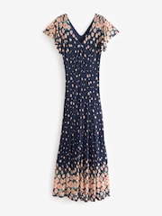 Jolie Moi Blue Gina Mirrored Print Mesh Maxi Dress - Image 7 of 7