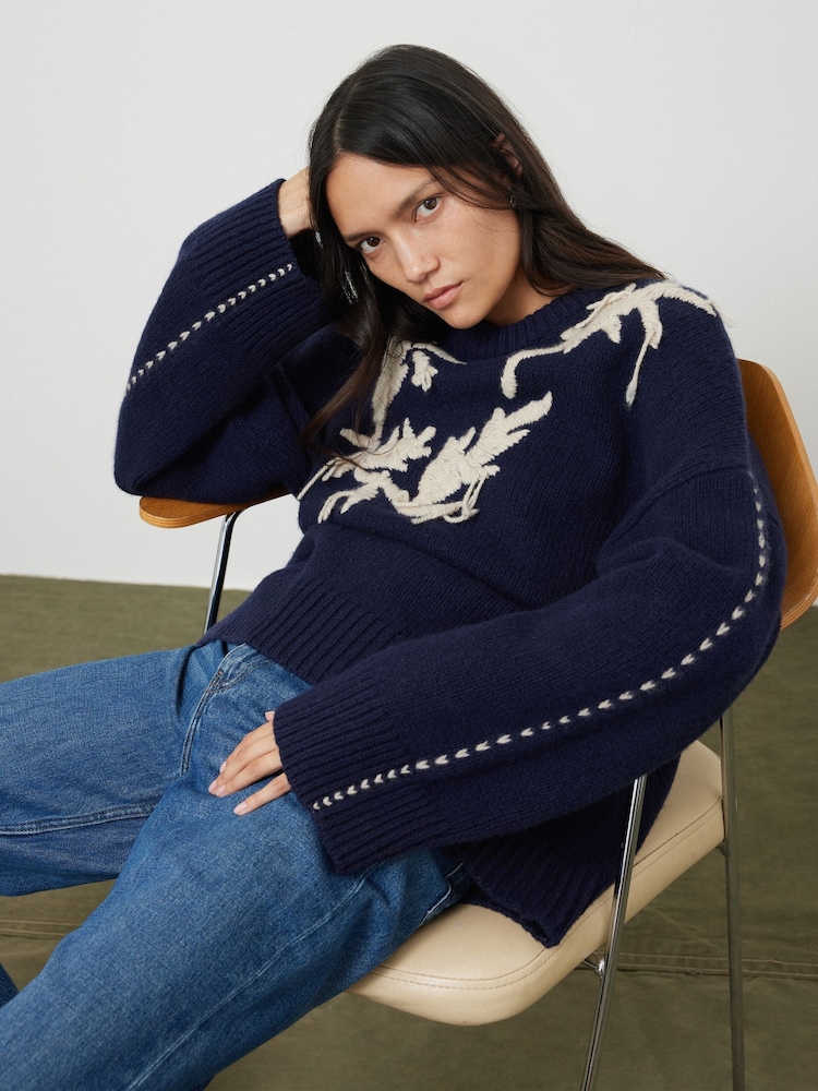 Jigsaw Blue Embroidered Knitted Jumper - Image 1 of 7