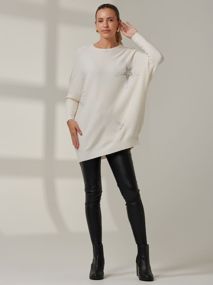 Jolie Moi Cream Knitted Rhinestone Jumper - Image 1 of 6
