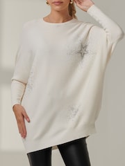 Jolie Moi Cream Knitted Rhinestone Jumper - Image 3 of 6