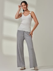 Jolie Moi Grey Knitted Ribbed Wide Leg Trousers - Image 1 of 6