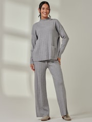 Jolie Moi Grey Knitted Ribbed Wide Leg Trousers - Image 4 of 6