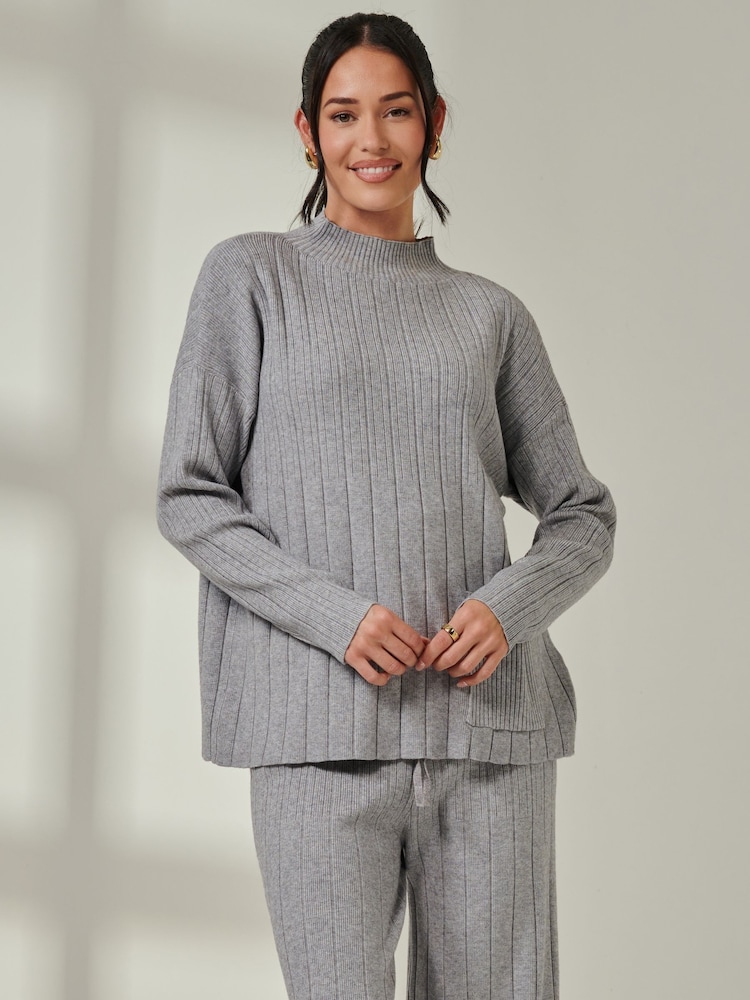 Jolie Moi Grey Knitted Ribbed Mockneck Jumper - Image 1 of 7