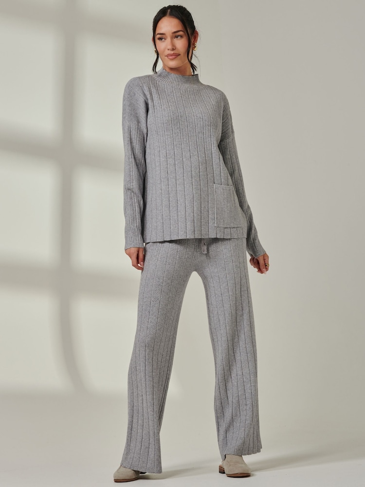 Jolie Moi Grey Knitted Ribbed Mockneck Jumper - Image 2 of 7