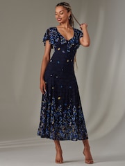 Jolie Moi Blue Cap Sleeve Lace Maxi Dress - Image 1 of 6