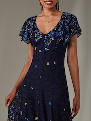 Jolie Moi Blue Cap Sleeve Lace Maxi Dress - Image 3 of 6
