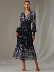 Jolie Moi Blue Dalia Symmetrical Print Lace Maxi Dress - Image 1 of 6
