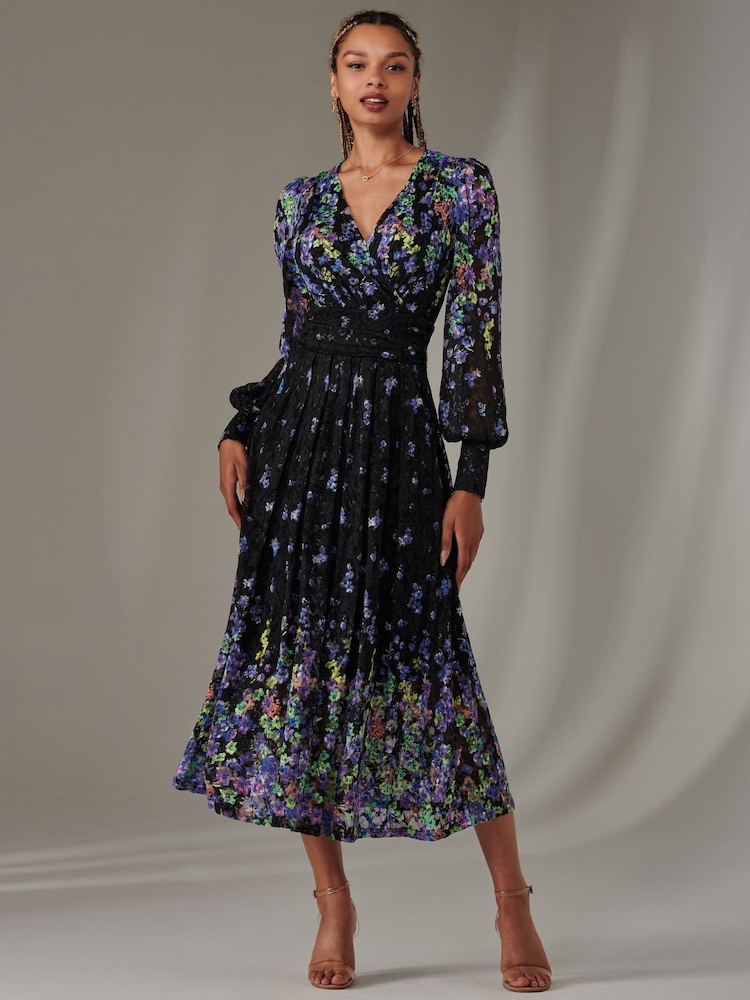 Jolie Moi Blue Dalia Symmetrical Print Lace Maxi Dress - Image 1 of 6