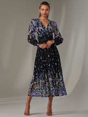Jolie Moi Blue Dalia Symmetrical Print Lace Maxi Dress - Image 4 of 6